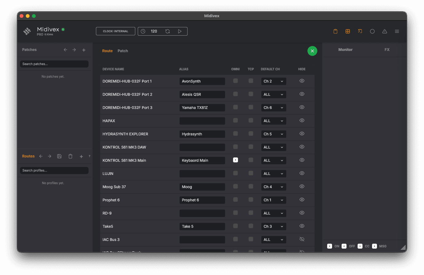 Route Setup screen showing device configuration