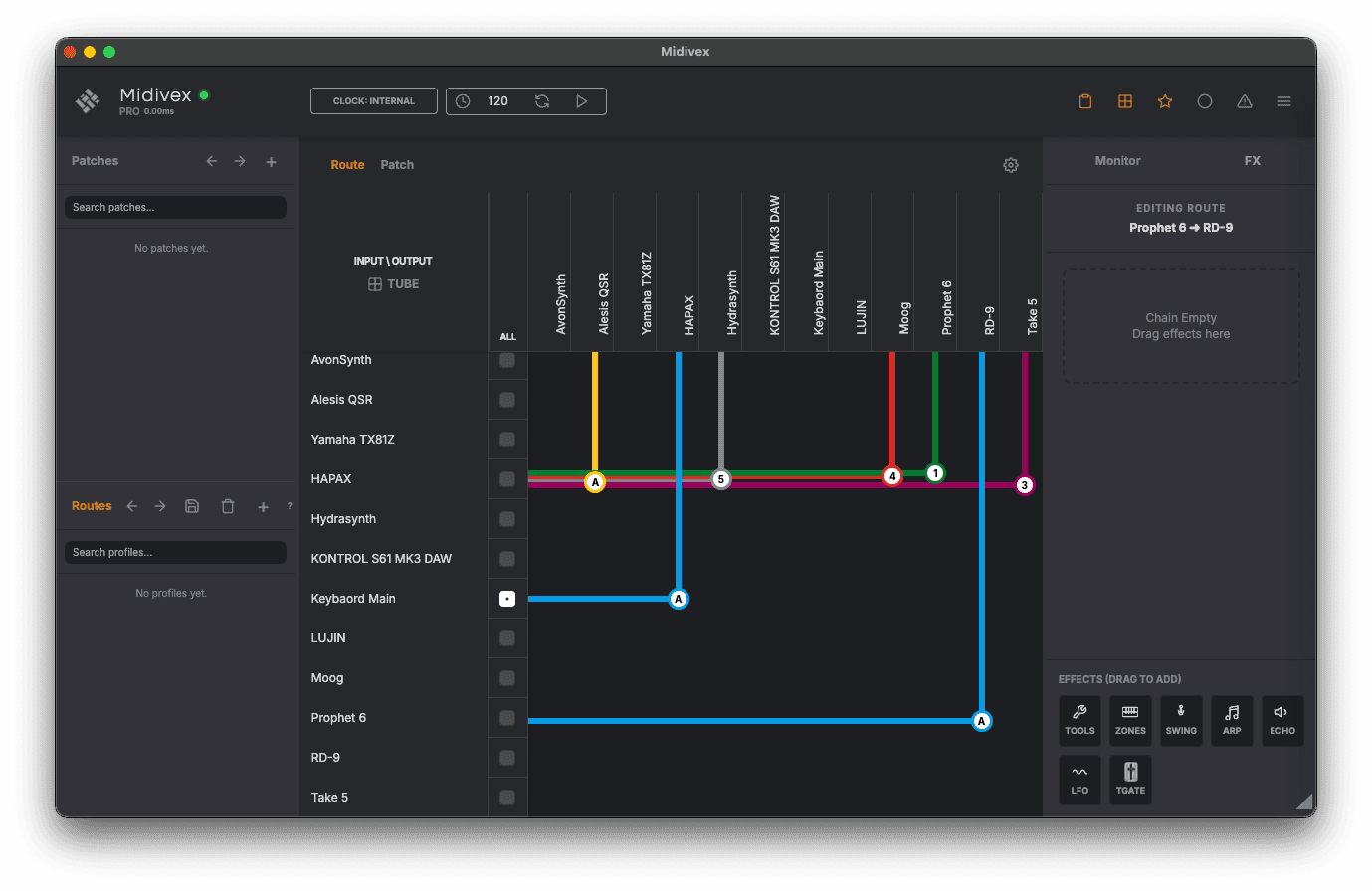 Tube view showing MIDI routes between devices