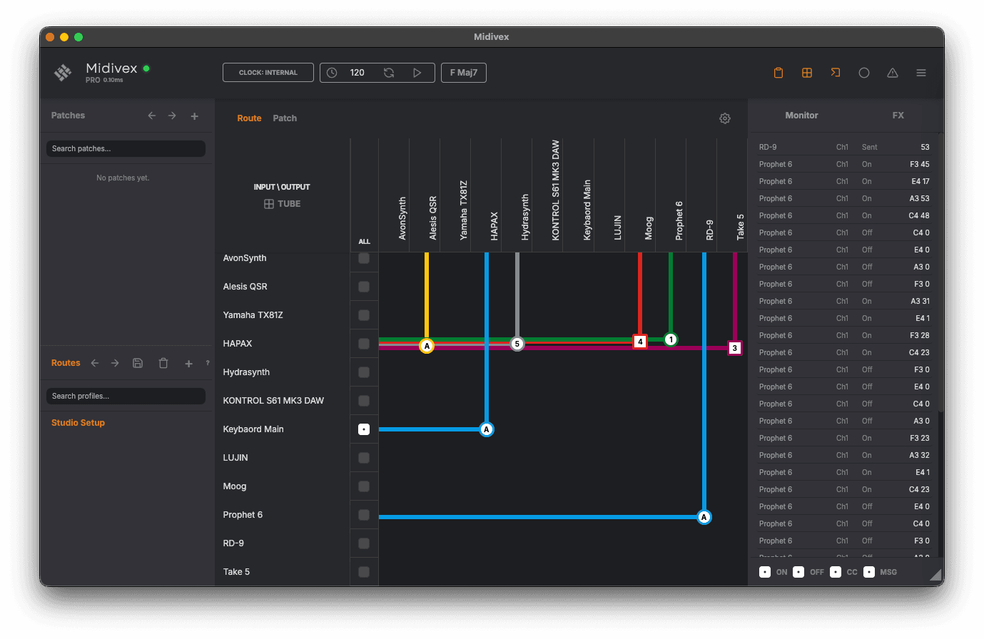 Monitor showing live MIDI data and chord recognition