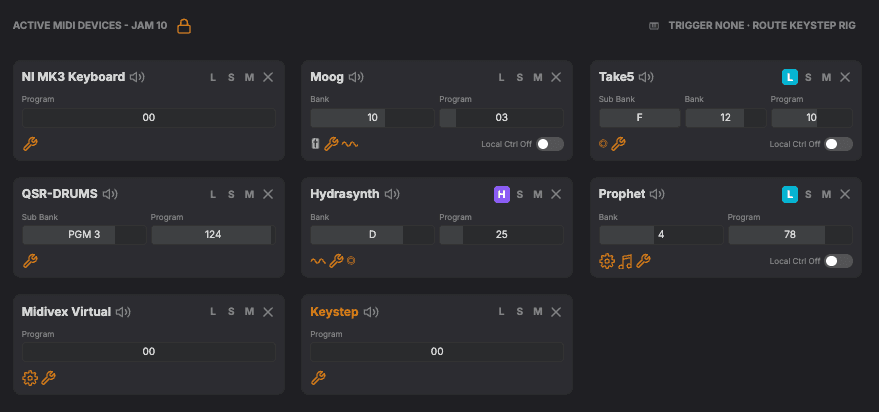 Active MIDI Devices view showing Latch enabled on Take5 and Prophet