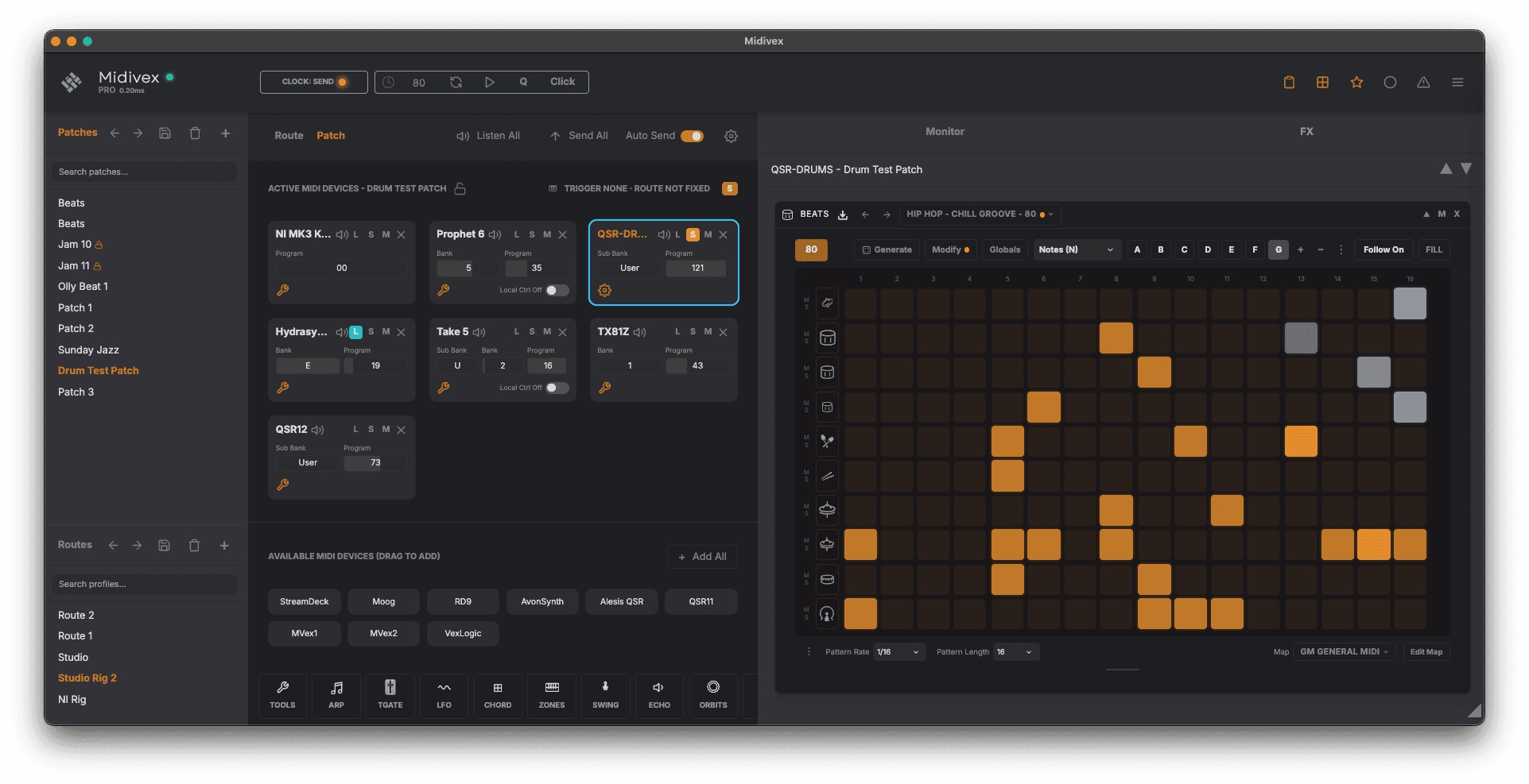 The Trax drum sequencer running inside Midivex