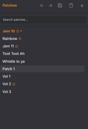 Patches panel with lock icons next to Jam 10 and Vol 2, and a modified-state dot on Jam 10
