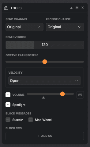 Tools effect panel showing the Volume slider and Spotlight toggle