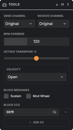 Tools effect panel showing channel remap, octave transpose, velocity, and block CC controls
