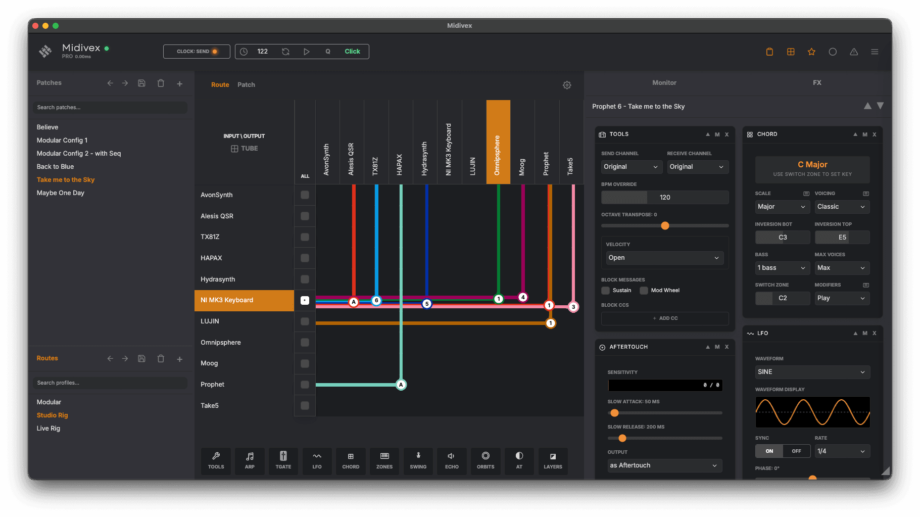 Midivex with the FX panel widened to show Tools, Aftertouch, and LFO side by side