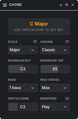 Chord effect panel showing scale, voicing, inversion, bass, and modifier controls