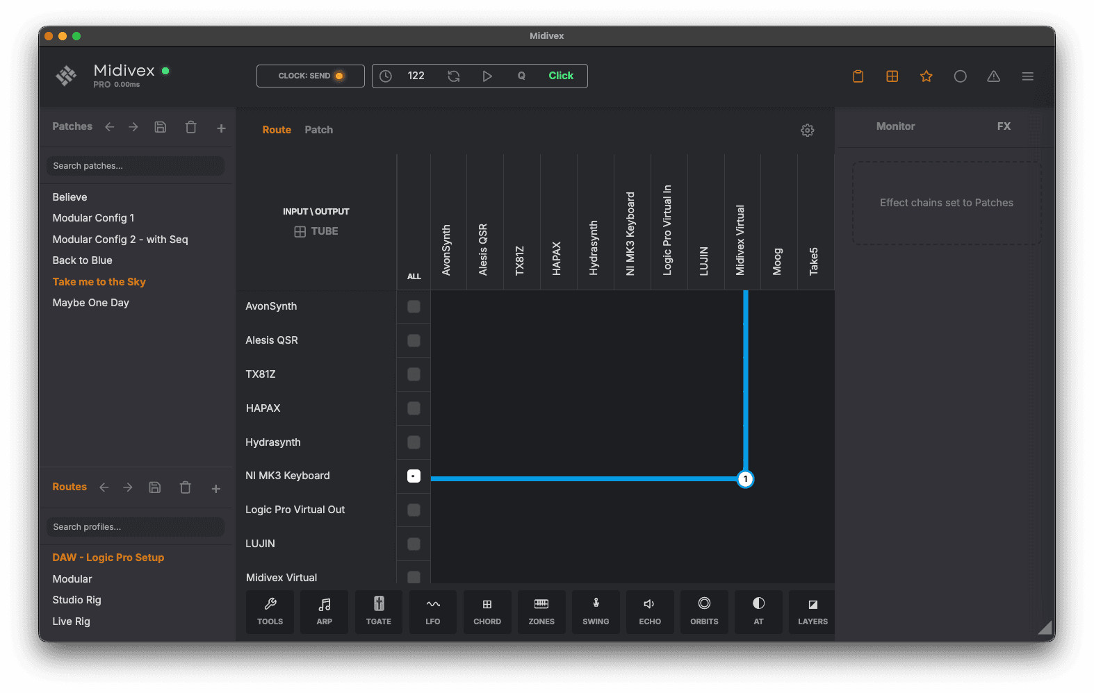 Midivex route matrix showing a keyboard routed to a virtual MIDI port