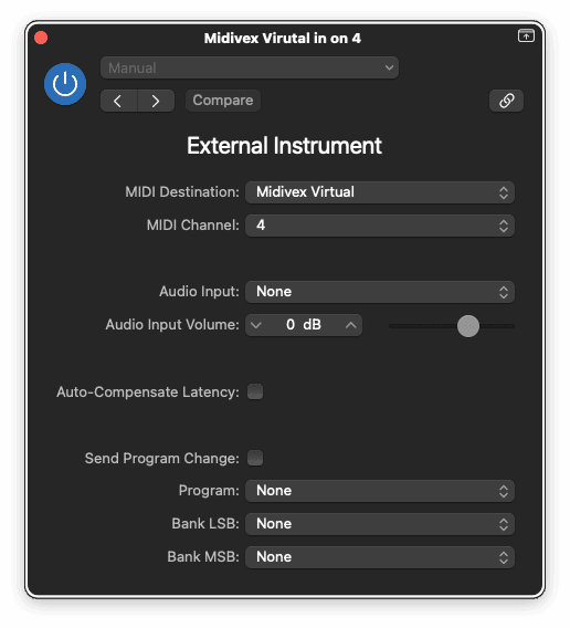 Logic Pro External Instrument plugin configured with Midivex Virtual as the MIDI destination