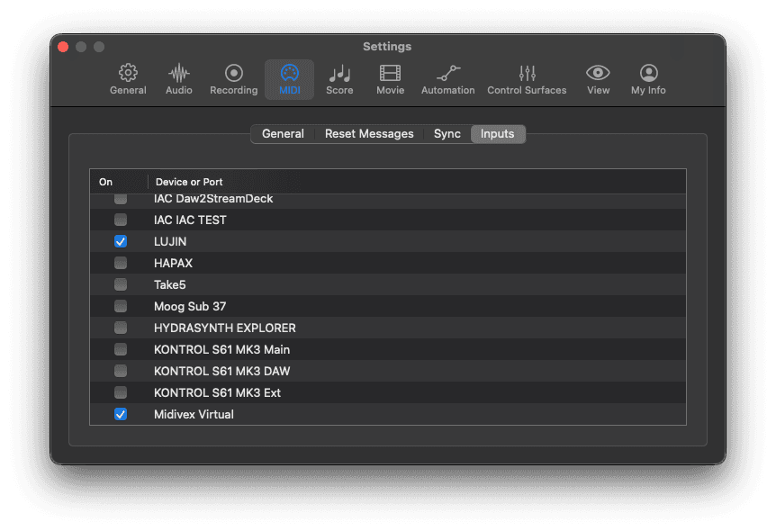 Logic Pro MIDI Inputs showing the virtual port enabled and the keyboard disabled