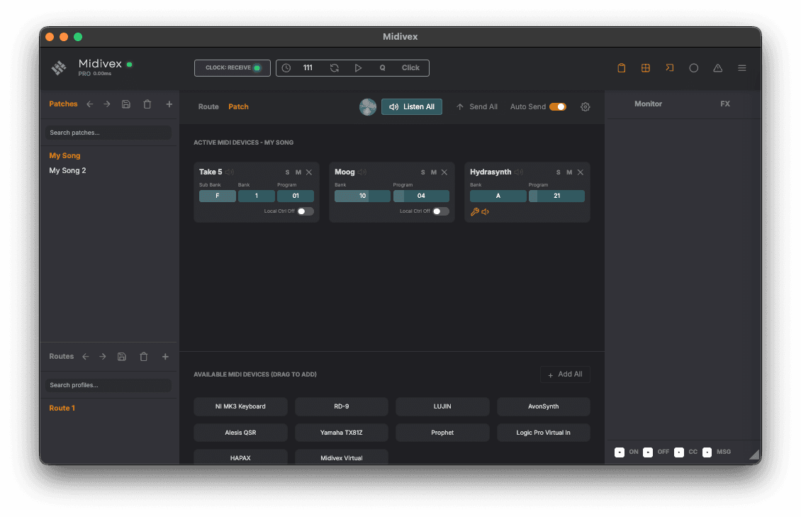 Midivex patch view showing Take 5, Moog, and Hydrasynth with bank and program selectors
