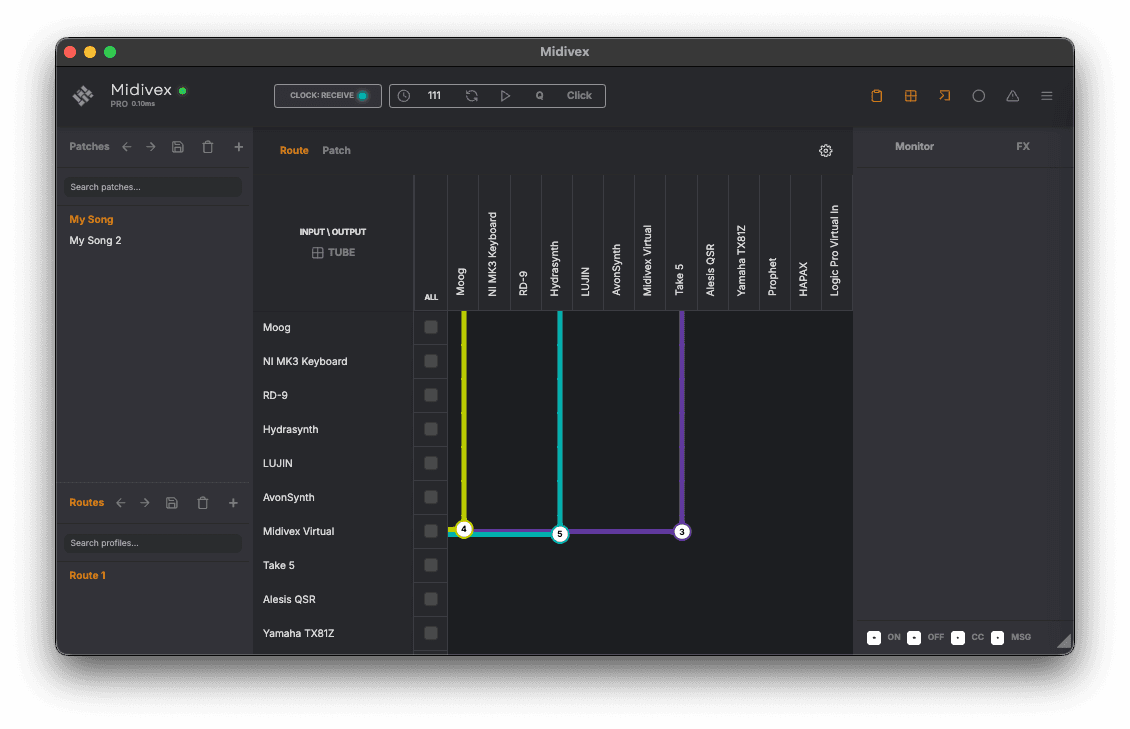 Midivex route matrix showing Midivex Virtual routed to Take 5, Moog, and Hydrasynth