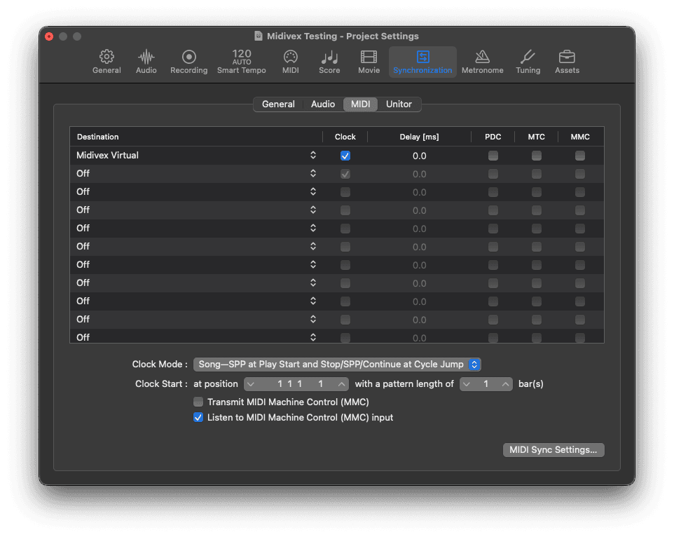 Logic Pro Synchronization settings showing Midivex Virtual as a MIDI clock destination
