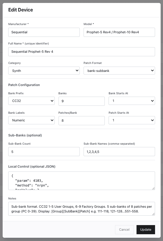 Synth preset database — Edit Device form showing the Prophet Rev 4 configuration