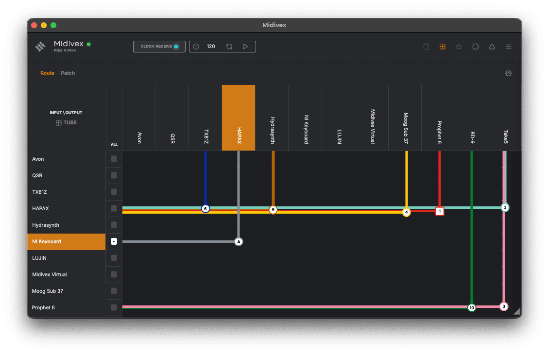 Midivex Tube View showing bezier curve MIDI routing
